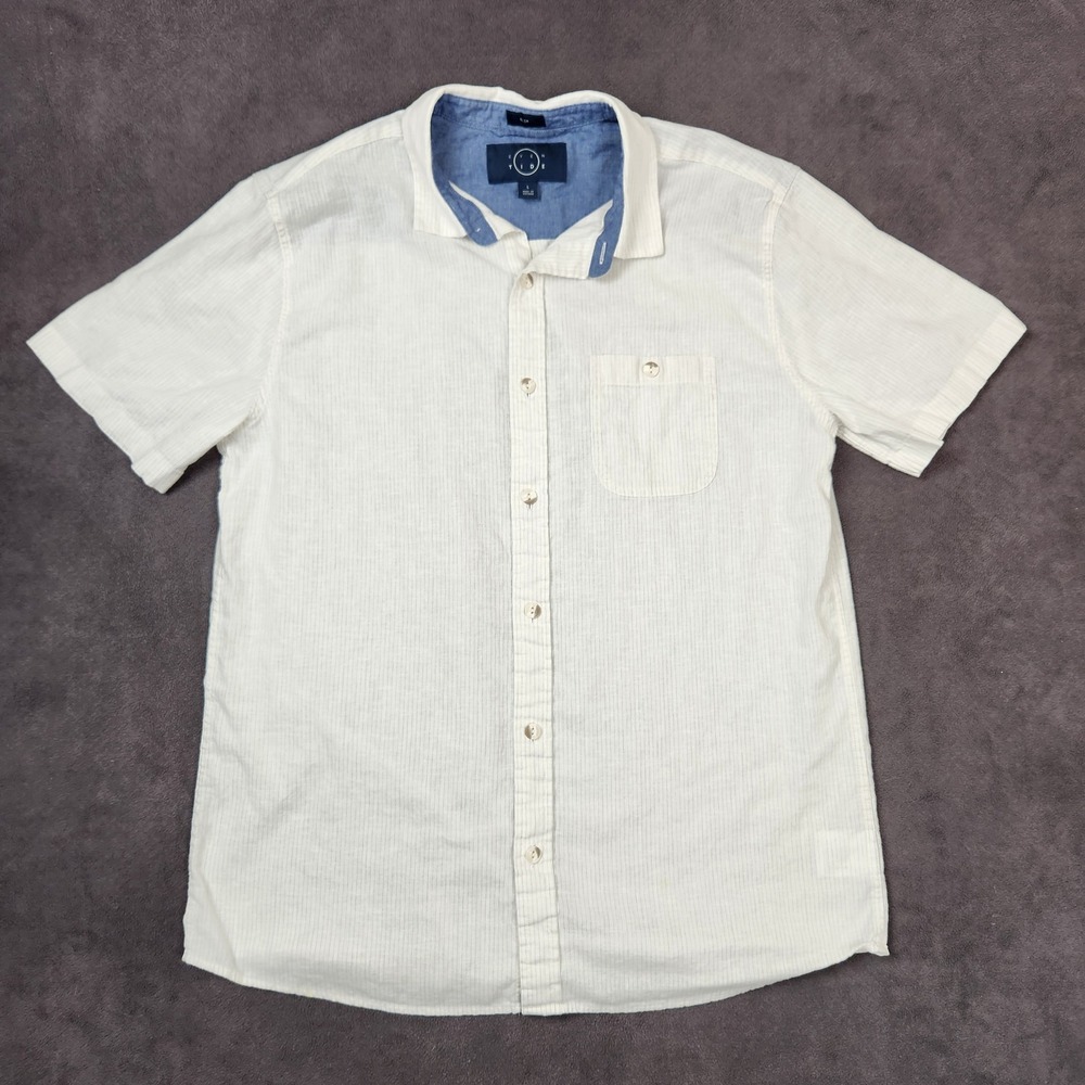 Even Tide Shirt Mens Large White Stripe Slim Fit Linen Cotton Blend Short Sleeve